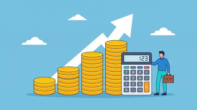Stacks of coins calculator and person with briefcase vector illustration