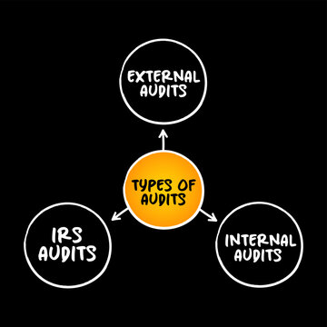 TYPES OF AUDITS flowchart detailing external audits, irs audits, and internal audits with arrows indicating corporate compliance, financial regulation, accounting processes, and business reviews.