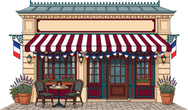 Charming Parisian caf&eacute; storefront with outdoor seating isolated on white background