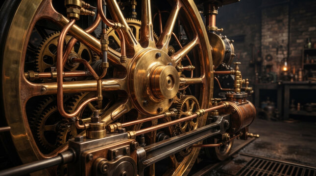 Close up of polished brass steam locomotive wheel. 
