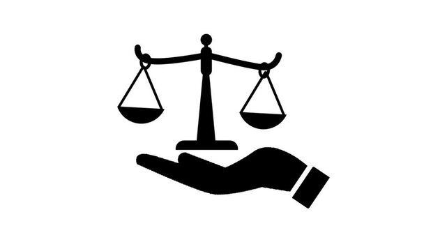 A black silhouette icon showing the scales of justice gently balancing on an open hand over a clean white background.