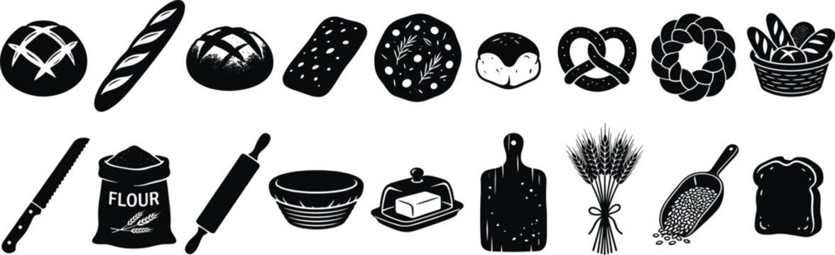 Bakery Bread and Baking Tools Black Silhouette Vector Collection for Kitchen and Food Design