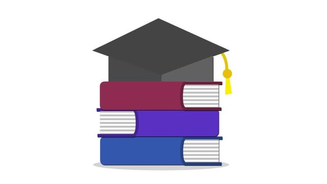 Textbooks stack up on top of each other before a graduation cap lands on top over an isolated white background.
