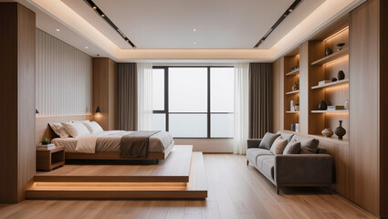 Fototapeta premium Modern Minimalist Bedroom Interior with Platform Bed and Sofa, Warm Lighting