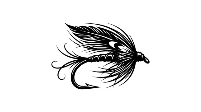 Black fly fishing lure, detailed illustration, isolated on white background