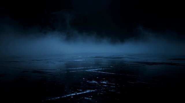Dark mist covered surface glistening under faint blue light creating a mysterious atmosphere