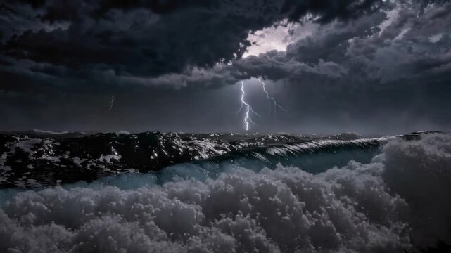 Fierce thunderstorm over stormy ocean with lightning strikes and violent waves during intense weather