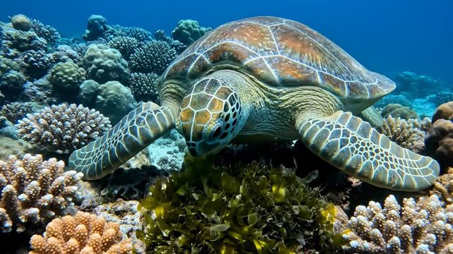 Sea turtle gliding through vibrant coral reef filled with marine plants. Underwater setting highlights diverse colors and textures. Concept of marine conservation, ocean life, aquatic tourism