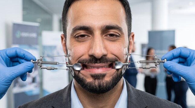 Hombre donde las comisuras de sus labios est&aacute;n siendo estiradas mediante dos retractores dentales