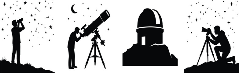 WebAstronomy silhouettes set featuring people stargazing with telescope binoculars camera and observatory icon vector illustration isolated on white © Tahera