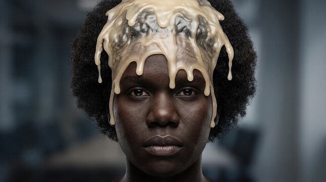 Mujer con cera de abeja solidificada sobre el rostro y cabello