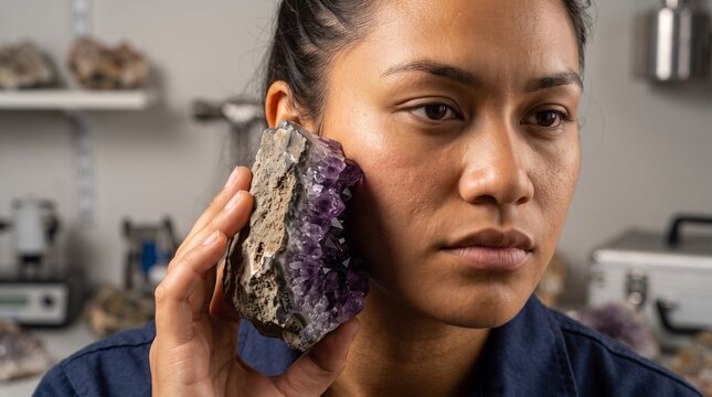 Mujer sosteniendo cristal amatista estudio geolog&iacute;a