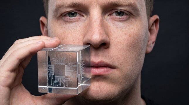 Hombre sosteniendo contra su boca un bloque de cristal que tiene grabadas l&iacute;neas de circuitos en 3D