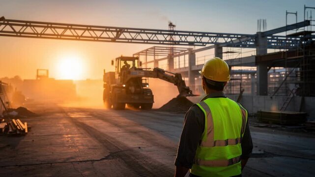 Construction worker in safety vest and helmet observing heavy machinery on site