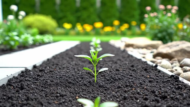 Seedling grows in garden bed with healthy soil. Green surroundings with flowers and plants present. Concept of gardening, landscaping, horticulture