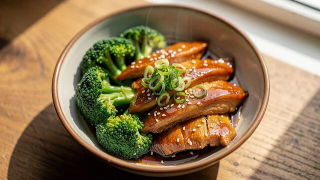 Steaming bowl of glazed fish fillets topped with sesame seeds and fresh green onions served hot