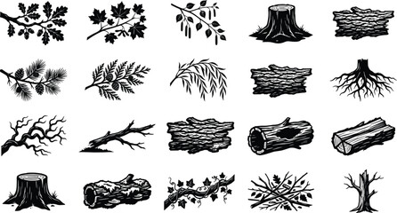 Forest elements vector icon set with tree branches leaves bark and wood logs in linocut style © MDARIFUL