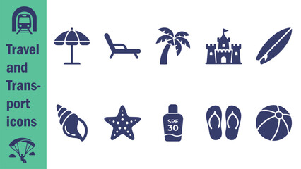 Obraz premium Huge set of basic travel and transport solid icons. Mega collection concept of Travel, Hotel, Holidays, Vacation, Tourism, luggage, flight, booking, destination and transportation. Vector illustration