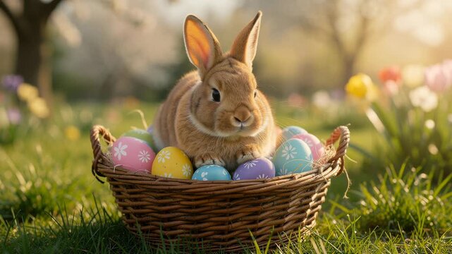 Adorable fluffy bunny sitting peacefully in a wicker basket surrounded by colorful Easter decorations