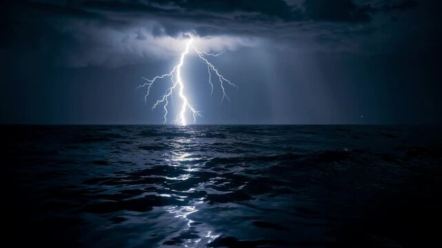 Dramatic night storm with lightning striking turbulent ocean waves under dark sky