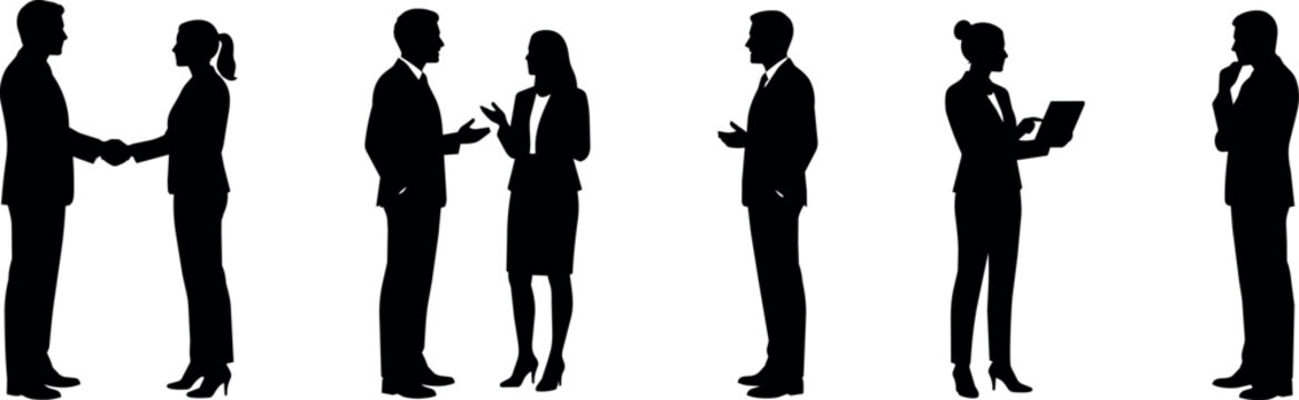 Business professionals in silhouette interacting in various ways on white background