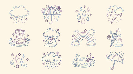 Naklejka premium Doodle style weather and rain icons set featuring clouds, umbrellas, raindrops, lightning, rainbows, and rain boots in puddles.