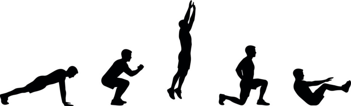 Silhouettes of a man performing a sequence of five different exercises
