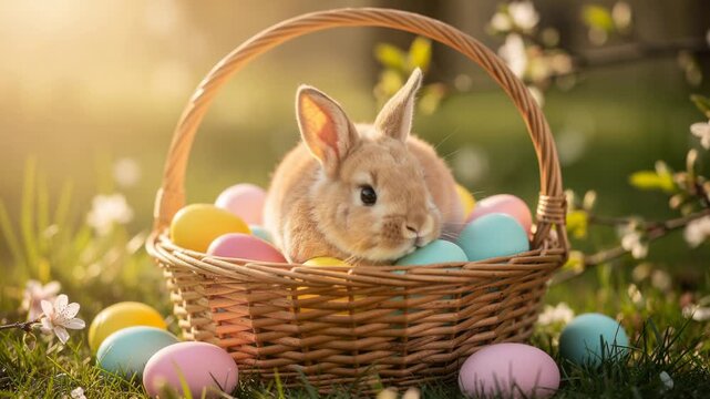 Adorable fluffy bunny nestled in a basket surrounded by colorful Easter eggs in sunlight