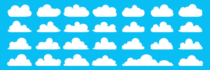 Fototapeta premium set of vector illustrations of clumpy clouds, cloud bubbles in flat style on a blue background