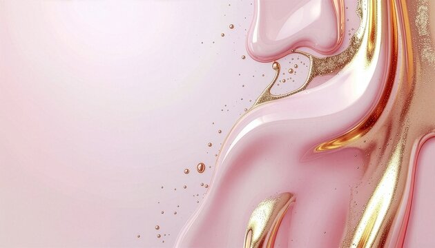 Flowing pink liquid with golden glitter accent on background 背景にゴールドの輝きがアクセントになった流れるようなピンクの液体