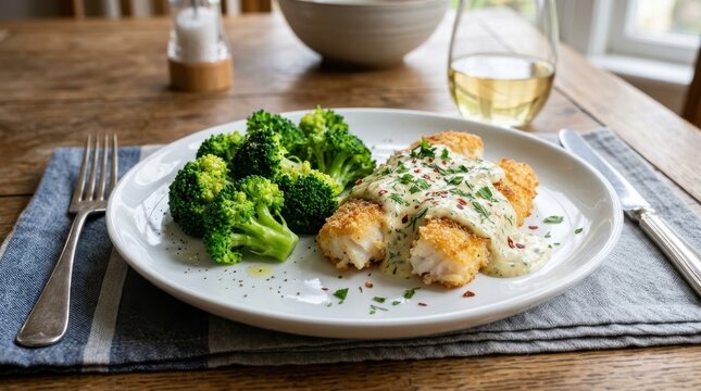 Healthy grilled salmon with fresh broccoli on a ceramic plate