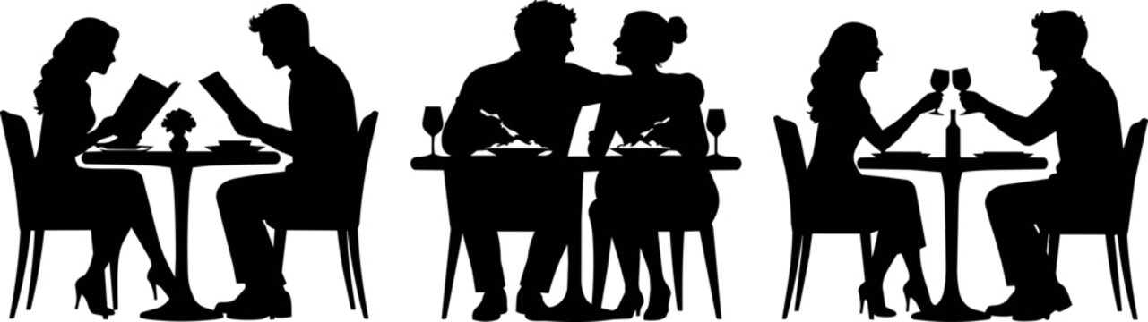 Couples dining together in silhouette, enjoying a romantic meal at tables