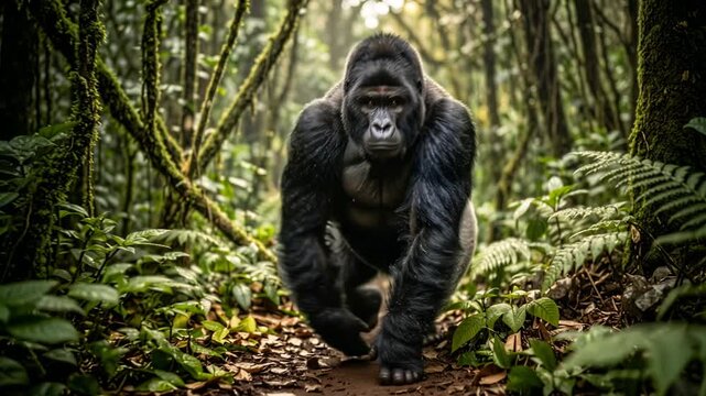 silverback gorilla walking through bwindi rainforest uganda toward camera video