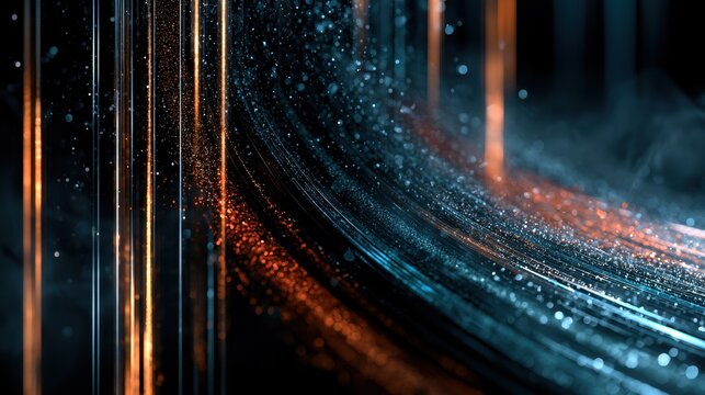 Abstract background of glowing orange and blue light streaks and particles