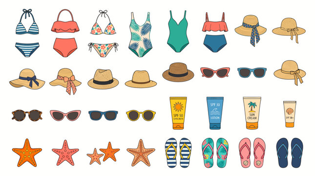 Summer Vacation Beach Essentials Collection Featuring Trendy Swimwear Sun Hats Protective Eyewear And Tropical Accessories For Holiday Travel