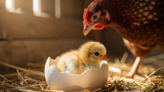 Mother hen gently watching over newborn chick emerging from eggshell in natural farm setting