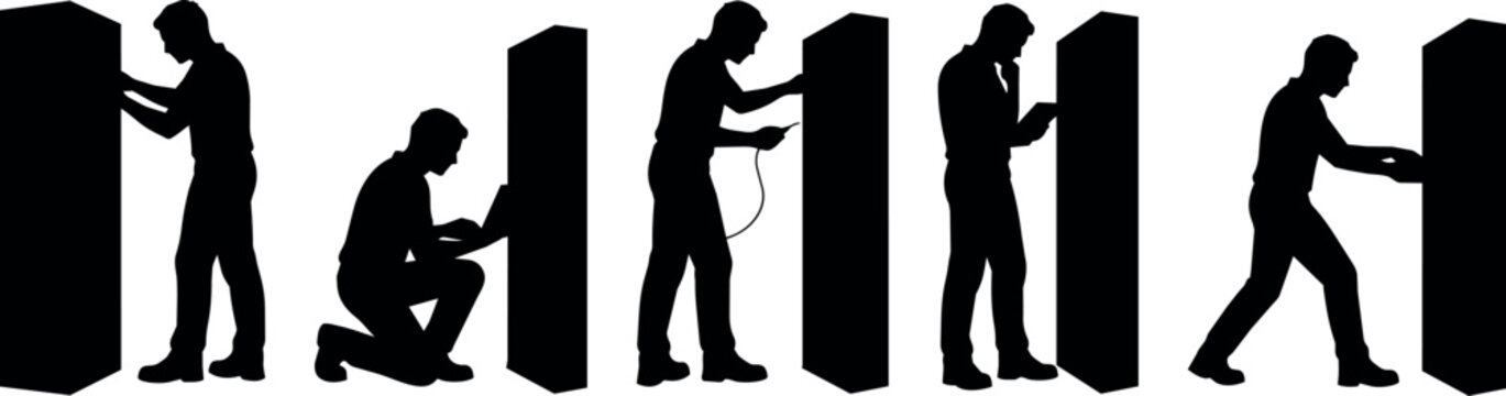 Silhouettes of people interacting with vertical panels in various poses