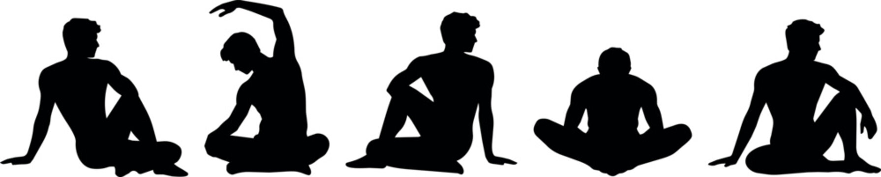 Silhouettes of men in various yoga poses on a white background