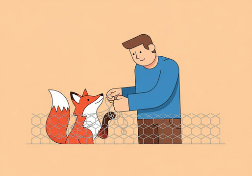 Kind man rescuing a trapped fox from a metal wire fence