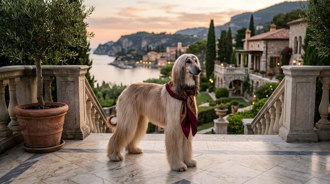 Afghan Hound on Marble Balcony with Scenic Mediterranean View