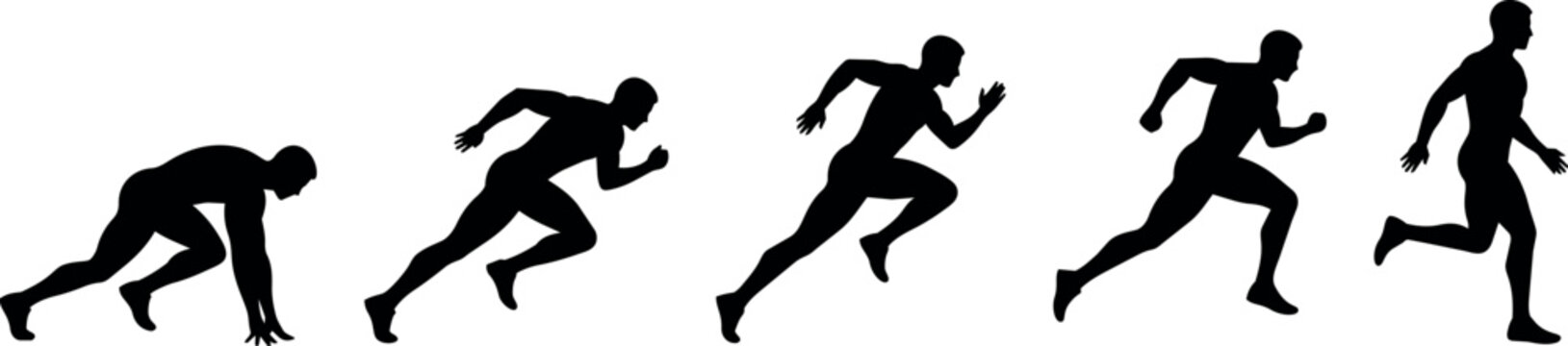 Sequence of runner silhouettes showing motion from start to full sprint