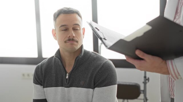 Man patient winces with eyes closed as doctor touches shoulder and holds clipboard in a clinic building; quiet concern.