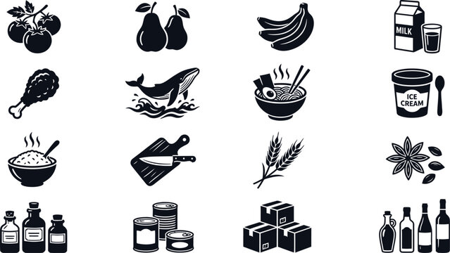 Food and drink icons including fruits seafood dairy products and more