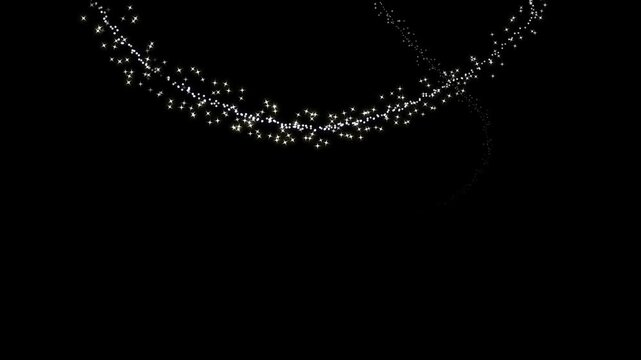 Glitter star particle trail with glowing fairy dust, sparkling white twinkle stars, elegant pixie dust path, luminous bokeh shimmer, curved starlight motion overlay on black screen, seamless 4k video