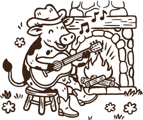 Naklejka premium Cute Cowboy Cow Playing Guitar by Fireplace Line Art Illustration