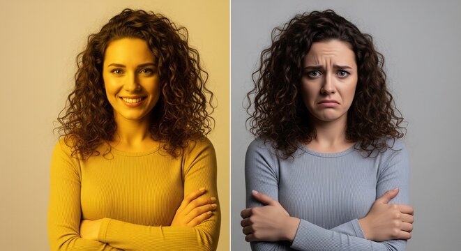 Contrasting emotional expressions woman split face portrait showing happiness and sadness in moody studio lighting