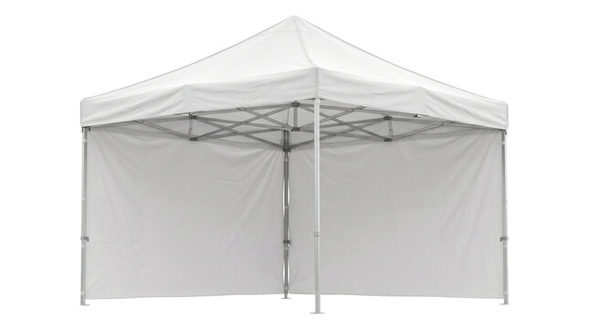 White outdoor marquee tent with side walls for events festivals isolated on transparent background png graphics.