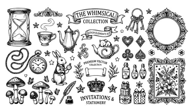 Vintage fantasy hand drawn decorative element vector set