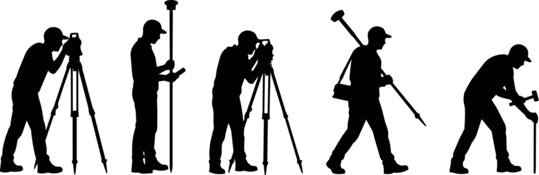 Silhouettes of surveyors using equipment in various poses