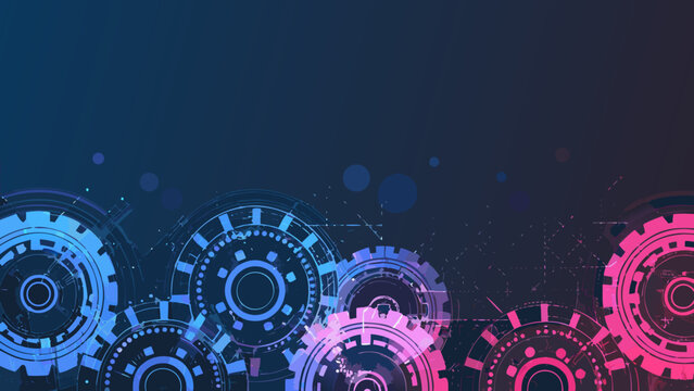 Interlocking gear wheels with gradient coloring on a dark blue background gears cogwheels